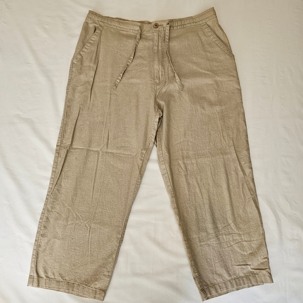 Cubavera Mens XL Khaki Linen Blend Cropped Pants Drawstring resort boho